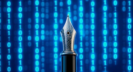 Close-up of a fountain pen nib against a digital binary code background concept for writing, technology, and digital publishing