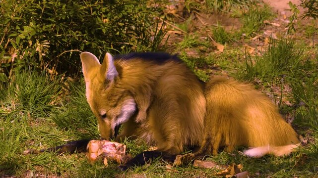 Close up of a maned wolf feeding on a peace of meat on a meadow on a sunny day