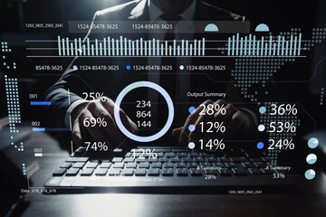 Business analytics data visualization with digital interface, charts, and graphs displaying statistical output summary and performance metrics