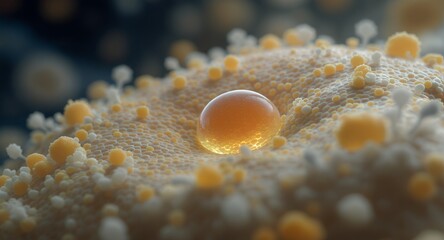 Close-up of a translucent sphere resting on a textured surface with small spheres and protrusions, microscopic view, abstract background, detailed texture, golden hue, science, biology, medicine,