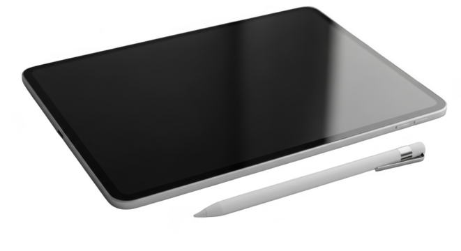 Sleek tablet with stylus on dark surface