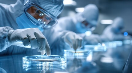 Scientists in protective gear precisely handle petri dishes in a sterile lab environment, focusing on microbiological research.