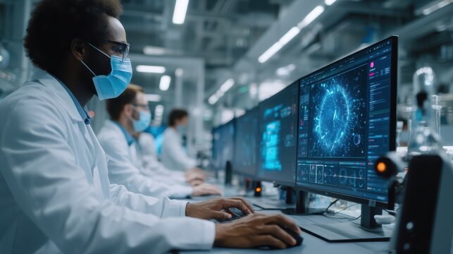 Scientists in lab coats and masks analyze complex data and digital models on multiple monitors in a high-tech laboratory setting. - Powered by Adobe