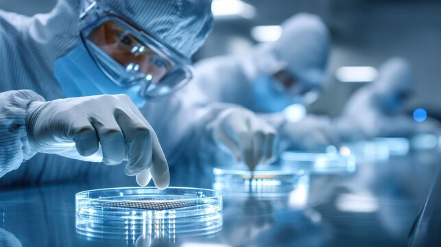 Scientists in protective gear precisely handle petri dishes in a sterile lab environment, focusing on microbiological research.