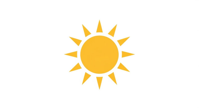 Bright yellow sun with sharp rays, radiating warmth and energy, symbolizing summer, joy, and positive vibes for all