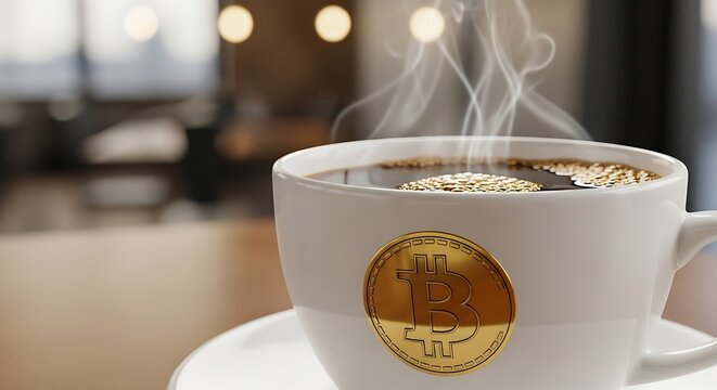 Bitcoin Coffee - A steaming cup with cryptocurrency emblem in a cafe setting. - Powered by Adobe