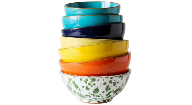 Stack of colorful glazed ceramic bowls