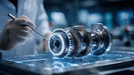 A technician wearing gloves inspects a complex, shiny metal turbine component in a high-tech lab environment.