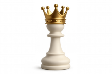 White chess pawn wearing a golden crown on a transparent background, representing strategy, leadership, and victory
