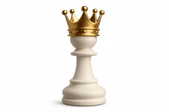 White chess pawn wearing a golden crown on a transparent background, representing strategy, leadership, and victory - Powered by Adobe