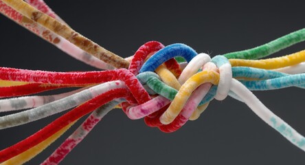 Colorful cords knotted together, abstract texture, intricate design, intertwined strands, vibrant colors, close-up detail, complex pattern, textile art, craft material, interwoven threads, connec