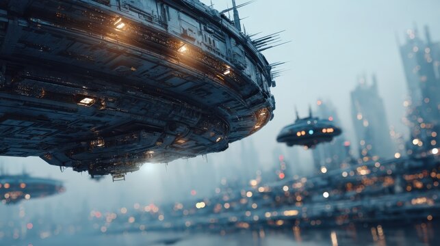 Futuristic cityscape with massive hovering spacecrafts against a blurred skyline filled with glowing lights and tall buildings.