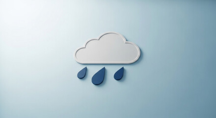 A minimalist 3d rendering of a white cloud with blue raindrops on a light blue background, symbolizing weather, rain, and climate change