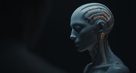 Cybernetic Head Profile, Futuristic Robot, Artificial Intelligence, AI Concept, Sci-Fi, Technology, Digital Art, 3D Rendering, Close-Up, Dark Background, Glowing Circuits, Mechanical Design, Huma