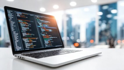 Programming Paradise: Dive into the digital realm where code flows, creativity flourishes and the world transforms. A laptop shines, revealing lines of software, as windows blur softly in the sun. - Powered by Adobe