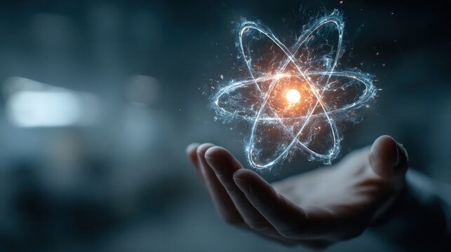 A glowing atomic model hovers above an open hand, symbolizing scientific innovation and atomic energy.