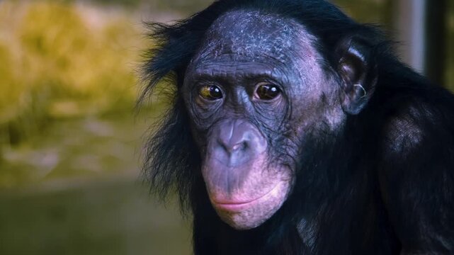 Close up of a youg bonoboo monkey sitting down and looking aorund
