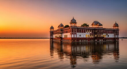 Fototapeta premium Majestic Jal Mahal at Sunrise reflecting in the Serene Waters of Jaipur