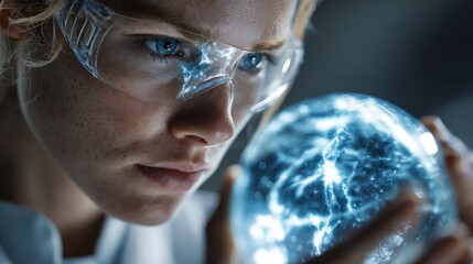 A focused scientist wearing protective glasses examines a glowing, networked spherical object symbolizing advanced technology or futuristic innovation.