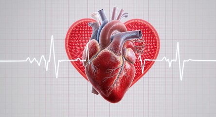 Detailed anatomical heart model with EKG waveform illustration