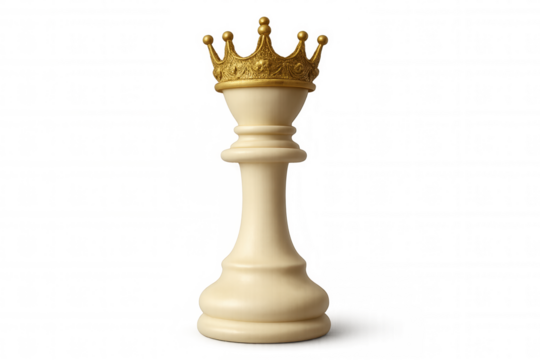 Golden-crowned white queen chess piece standing alone, symbolizing strategic power and winning potential against neutral backdrop