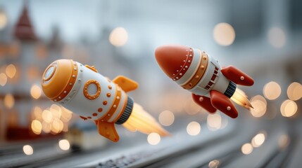 Two colorful toy rockets appear to be flying over a blurred railway track with bokeh lights in the background.
