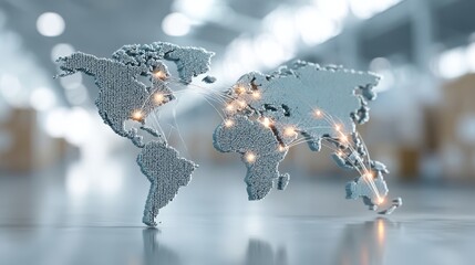 A digital world map with illuminated connection points and network lines representing global communication and data exchange.