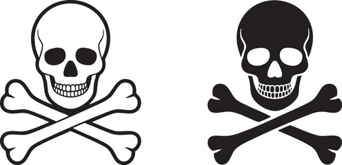 Two skull and crossbones icons, one outlined and one solid black, on white background Keywords: skull, crossbones, death, danger, warning, poison