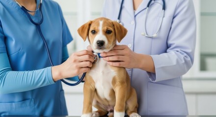 Veterinarians caring for a beautiful dog in a hospital wellness check up