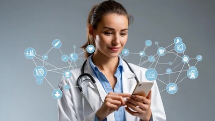Healthcare Innovator: A female medical professional, radiating confidence, navigates cutting-edge healthcare technology on a mobile device, surrounded by intricate digital connections. - Powered by Adobe