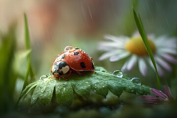 Obraz premium Realistic view of a baby beetle sheltering from the rain under a large green leaf of a daisy tree, raindrops falling on the edge of the leaf, the beetle's small red shell glistening with water droplet