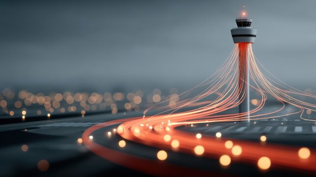 A futuristic control tower with glowing light trails extending outward, set against a blurred cityscape at dusk.
