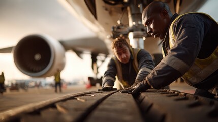 Two aircraft mechanics inspect and work on a plane's landing gear tire during maintenance.