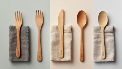 Wooden cutlery set on linen napkins