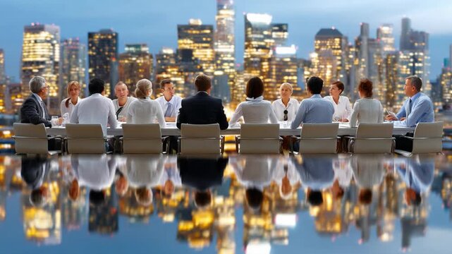 Strategic Decisions: A corporate conclave convenes around a conference table, illuminated by the glittering metropolis skyline, symbolizing the strategic planning.