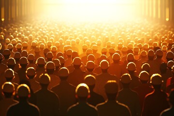 Obraz premium Sunlight illuminates rows of workers from various backgrounds, a poster depicting the strength and dedication of a global celebration