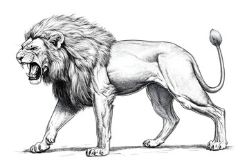 Pencil drawing of angry and fierce lion, side view, white background