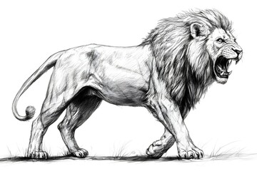 Pencil drawing of angry and fierce lion, side view, white background