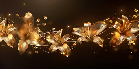 Luxurious golden lilies with sparkling details on a dark background, conveying elegance and beauty.