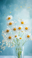 Delicate white daisies in a clear vase against a serene blue background.