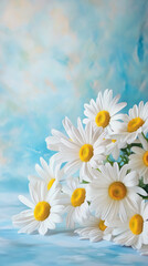 Bouquet of white daisies against a soft blue sky background.