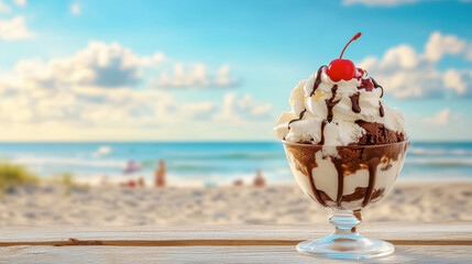Delicious ice cream sundae on a sunny beach setting.