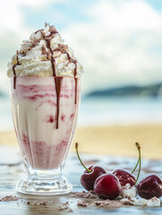 Delicious milkshake topped with whipped cream and chocolate drizzle on a beachside table.