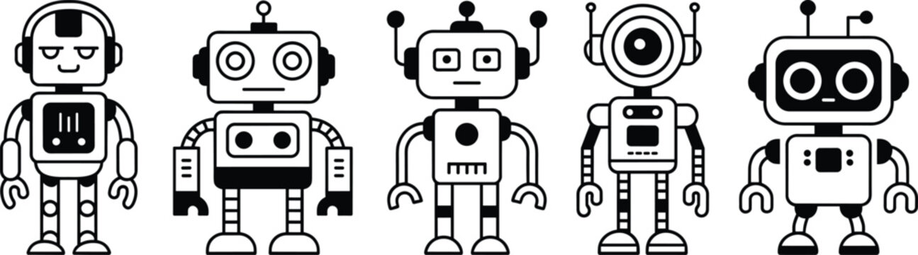 Cartoon robot characters in black and white, cute futuristic machine icons, retro-style robots for tech, AI, automation designs.