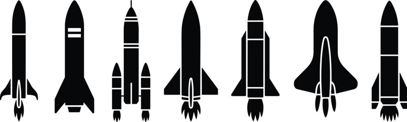 Rocket launch silhouette vector icons, space shuttle clipart, black spacecraft illustration set, astronaut transportation, futuristic spaceship design elements.