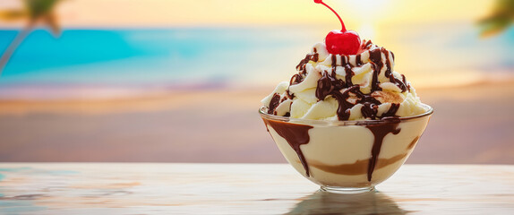 Delicious ice cream sundae with cherry and chocolate at sunset beach.