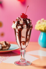 Delicious ice cream sundae with cherry topping on a colorful background.