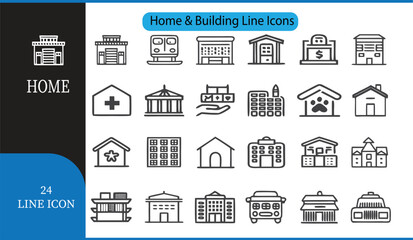 Home and Building Line Icons Set  24 Outline Vector Icons for Real Estate, Architecture, and Construction
