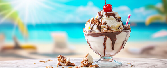 Delicious ice cream sundae with chocolate sauce by the beach.