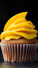 Delicious mango cupcake with creamy frosting on a dark background.